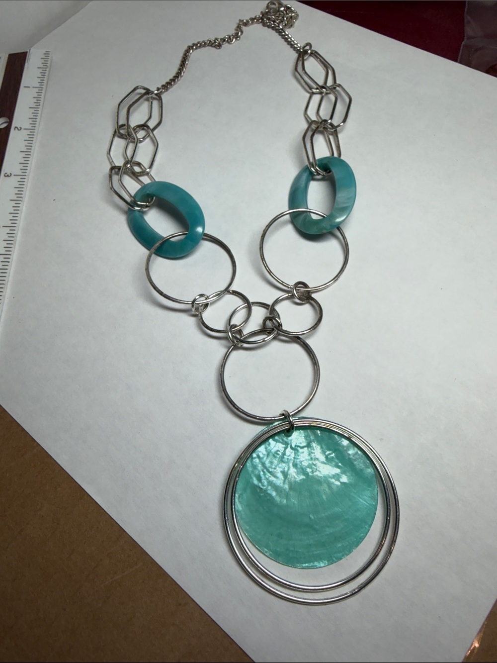 Vintage Silver-Tone-Link Necklace with Teal Disc Pendant - Women Jewelry